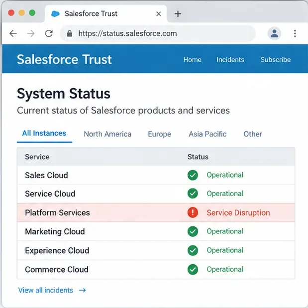 Illustrativ Salesforce Trust-statusside med tjenesterader og én uthevet avbruddsrad