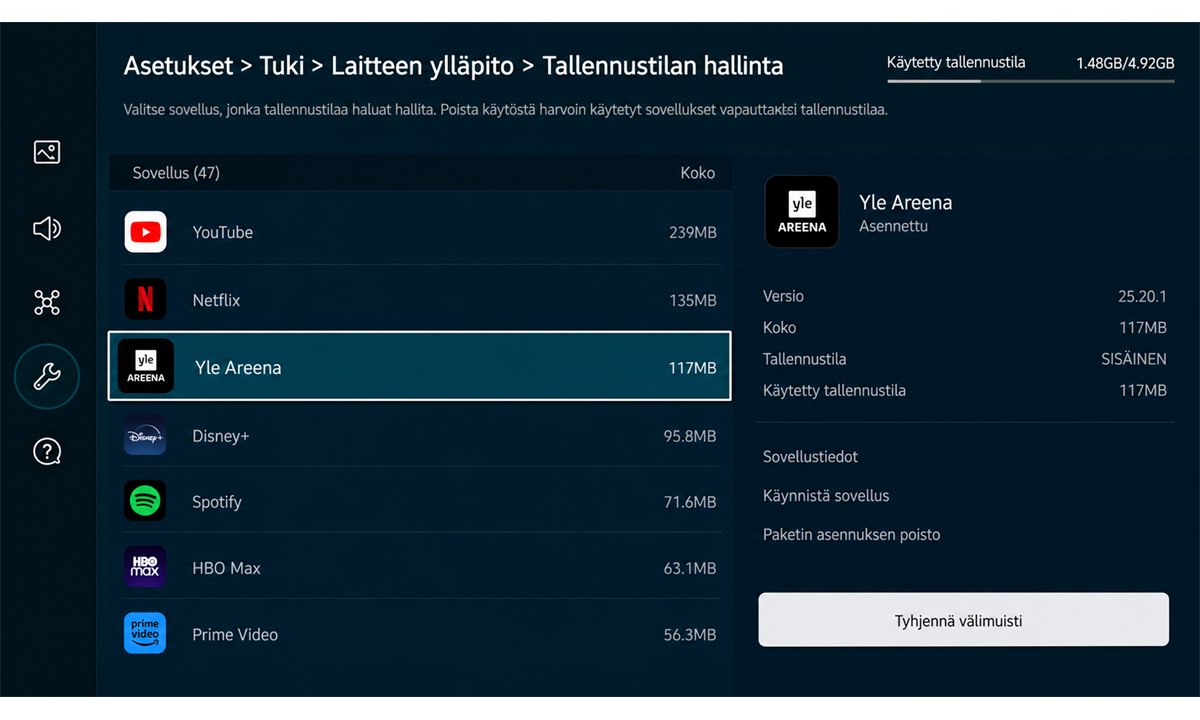 Samsung TV Yle Areena välimuistin tyhjentäminen asetuksista