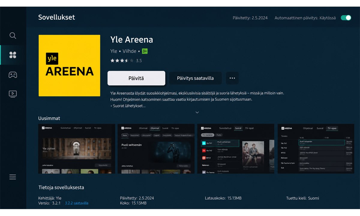 Yle Areena sovelluksen päivittäminen Samsung Smart Hub -kaupassa