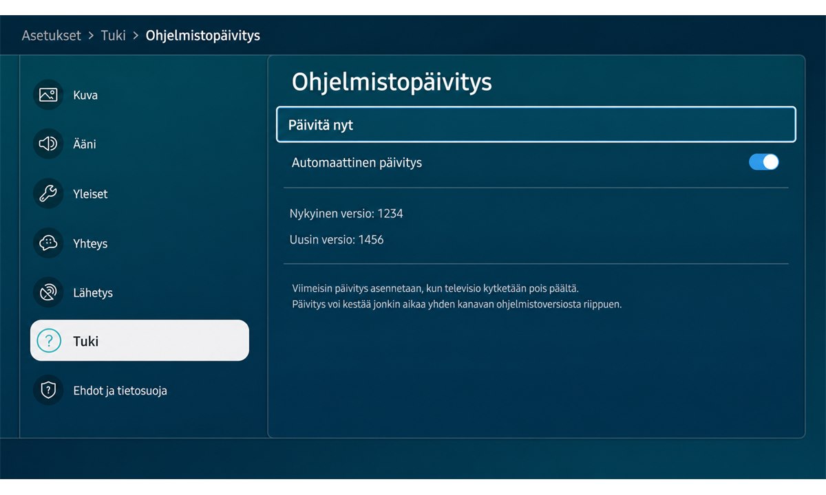 Samsung TV ohjelmistopäivitys asetuksista