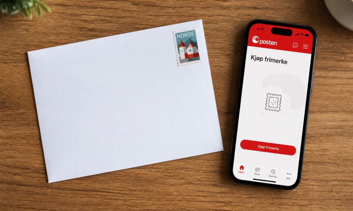 Norske frimerker på konvolutt ved siden av smarttelefon med Posten-appen