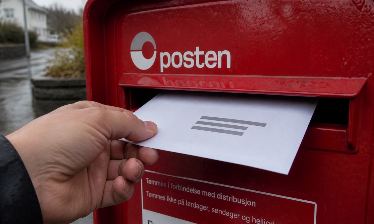 Nærbilde av postkasse med brev som legges inn i innleveringssporet