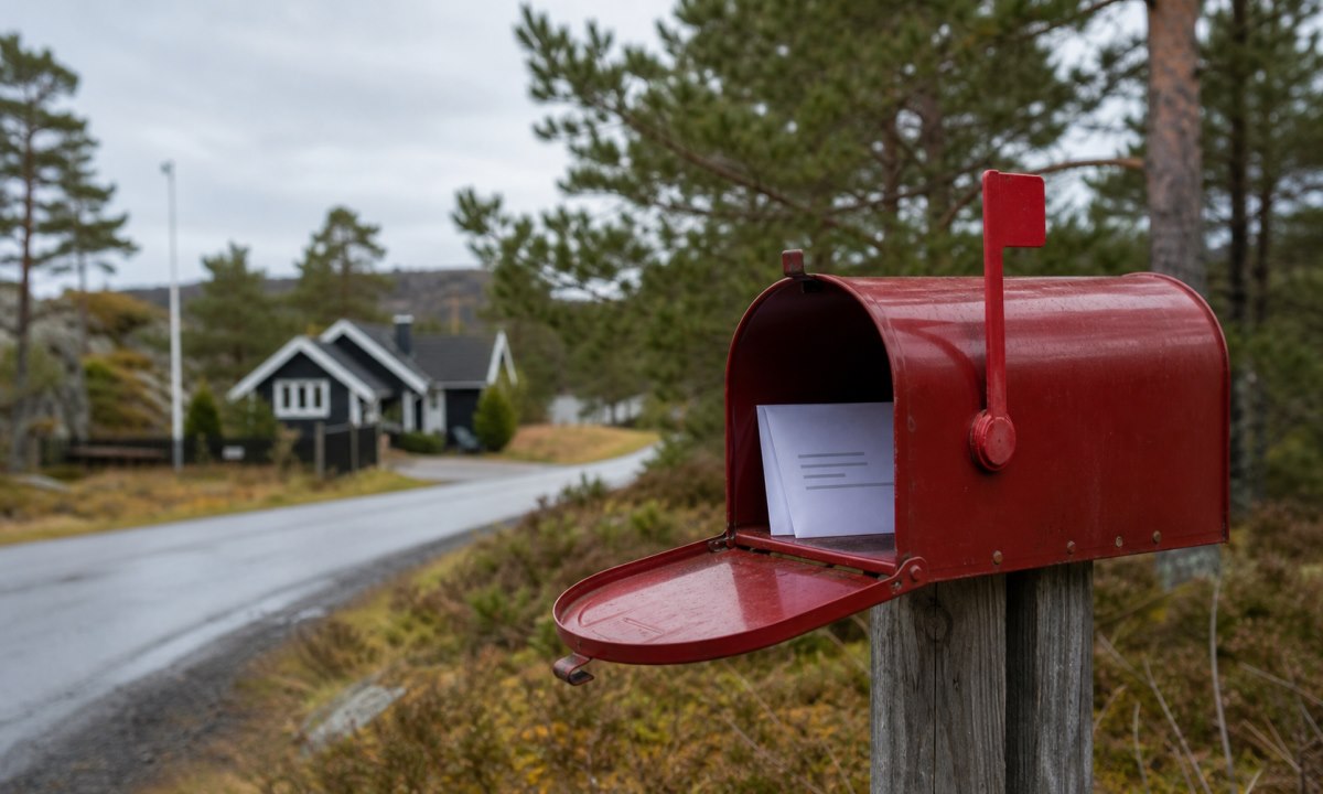 Postkasse med opptrukket flagg for å varsle budsjåfør om utgående post