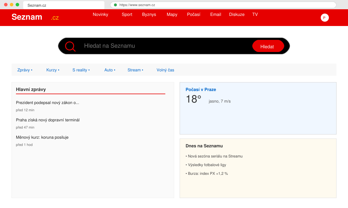 Full Seznam.cz homepage with search bar and navigation menu