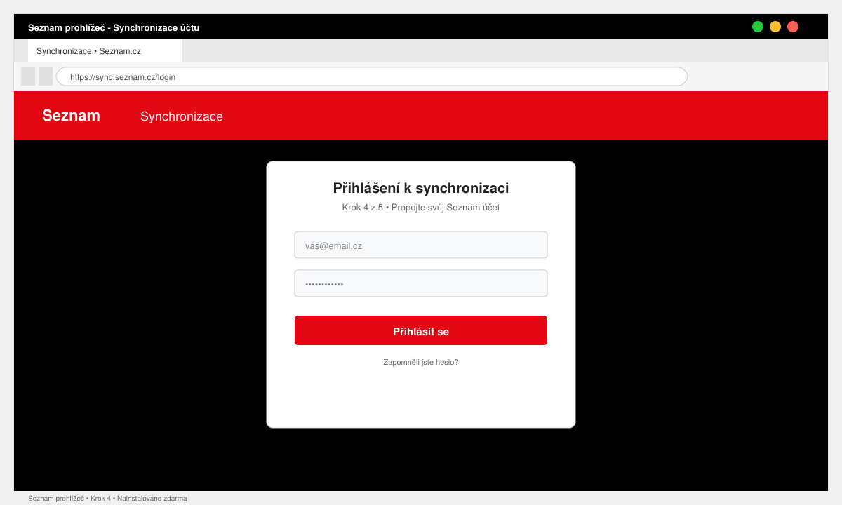 Final view of the installed Seznam browser with sync login screen visible