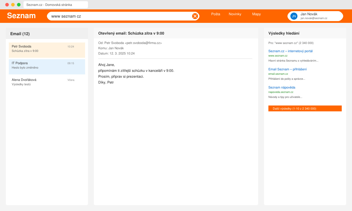 Screenshot of logged-in Seznam homepage showing email and search results