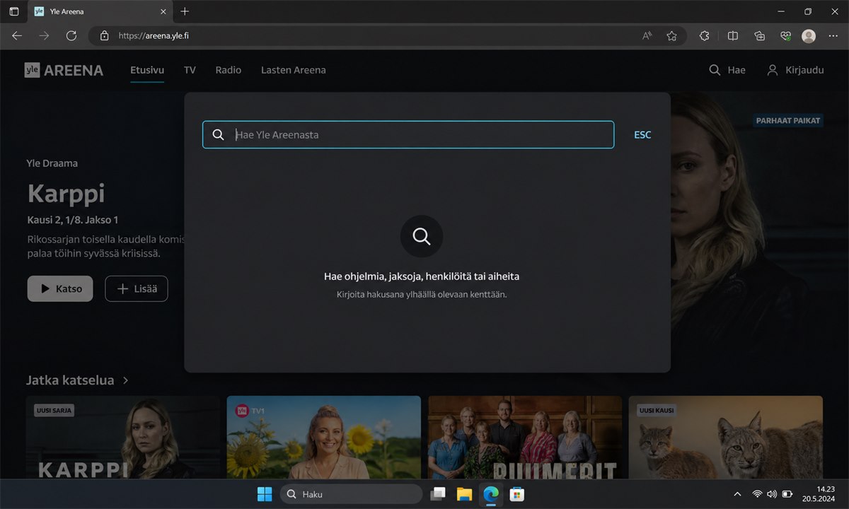 Yle Areena hakutoiminnon avaaminen