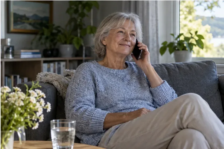 En eldre kvinne snakker i telefonen fra en sval stue med et glass vann på bordet