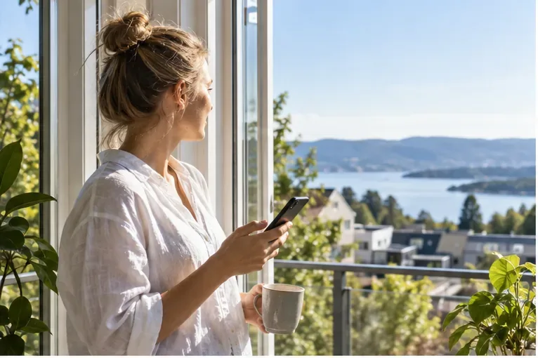 En kvinne står ved et vindu med en smarttelefon i hånden og ser ut på en lys sommerdag
