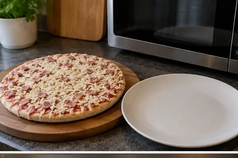 Frossen pizza på skjærebrett ved siden av en tom tallerken foran mikrobølgeovn