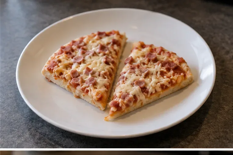 To pizzastykker på en hvit keramisk tallerken klare for mikrobølgeovn
