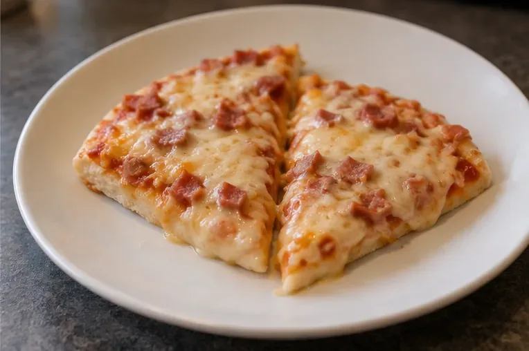 Ferdig oppvarmede pizzastykker med smeltet ost på hvit tallerken