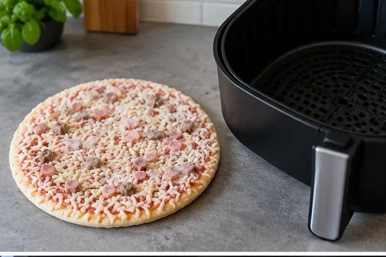 Frossen pizza ved siden av en tom airfryerkurv på kjøkkenbenken