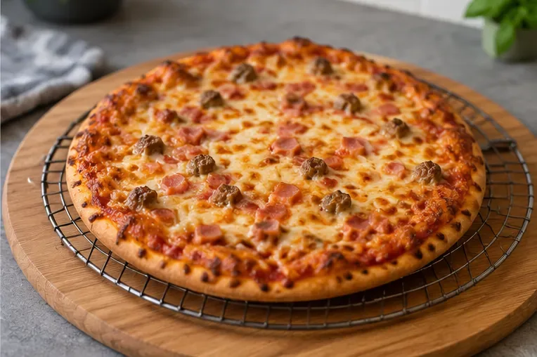 Ferdig pizza med gyllen ost som hviler på en metallrist