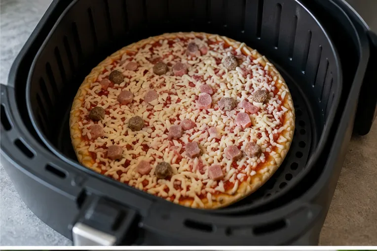 Frossen pizza lagt flatt i en perforert airfryerkurv
