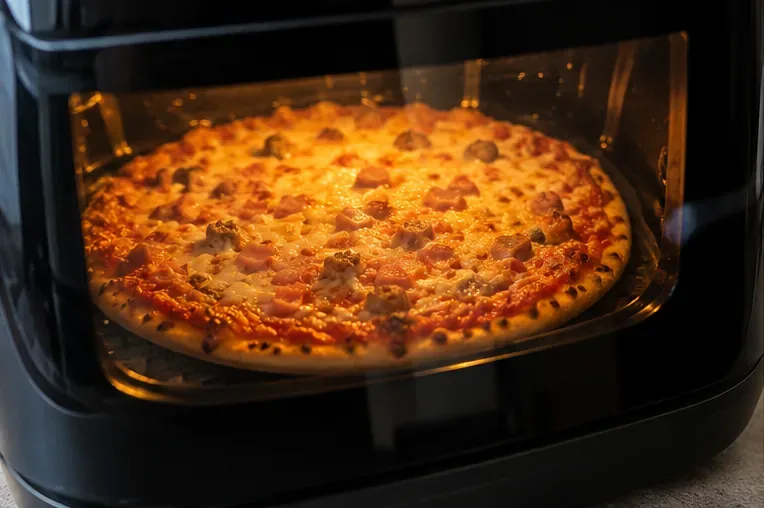Pizza som stekes i airfryer med smeltet og gyllen ost