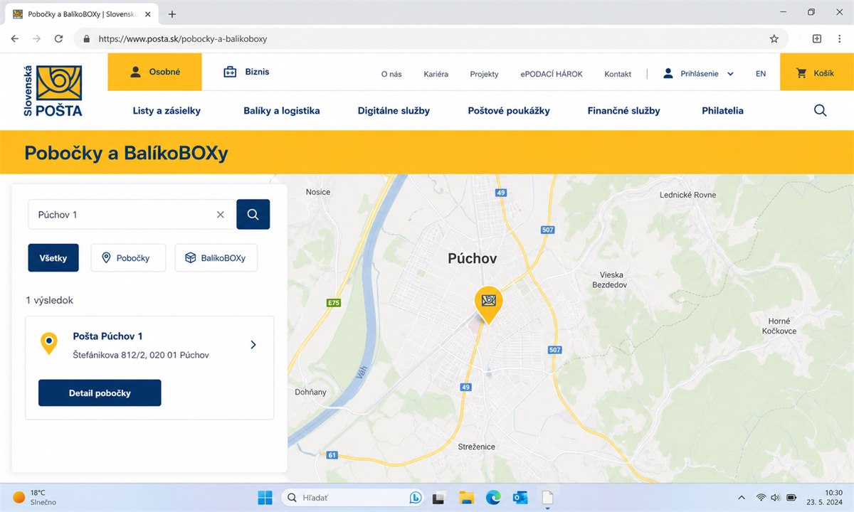 Vyhľadávanie pobočky Púchov na webe posta.sk