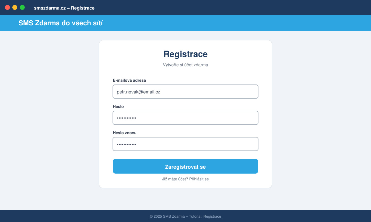 Obrazovka registračního formuláře s poli pro e-mail a heslo