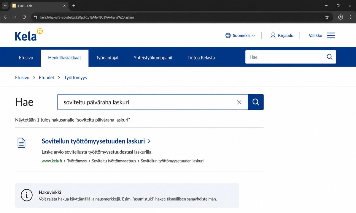 Kelan verkkosivun hakutoiminto, johon on kirjoitettu soviteltu päiväraha laskuri