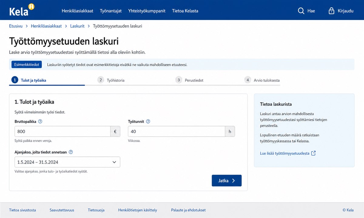 Kelan soviteltu päiväraha -laskurin täyttölomake, johon on syötetty bruttopalkka ja työtunnit