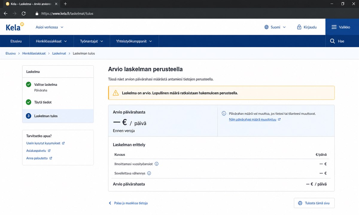 Kelan soviteltu päiväraha -laskurin tulossivunäkymä, jossa näkyy arvioitu päivärahan määrä