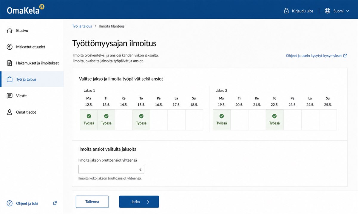 OmaKela jälki-ilmoituslomake, johon on merkitty keikkatyöpäivät