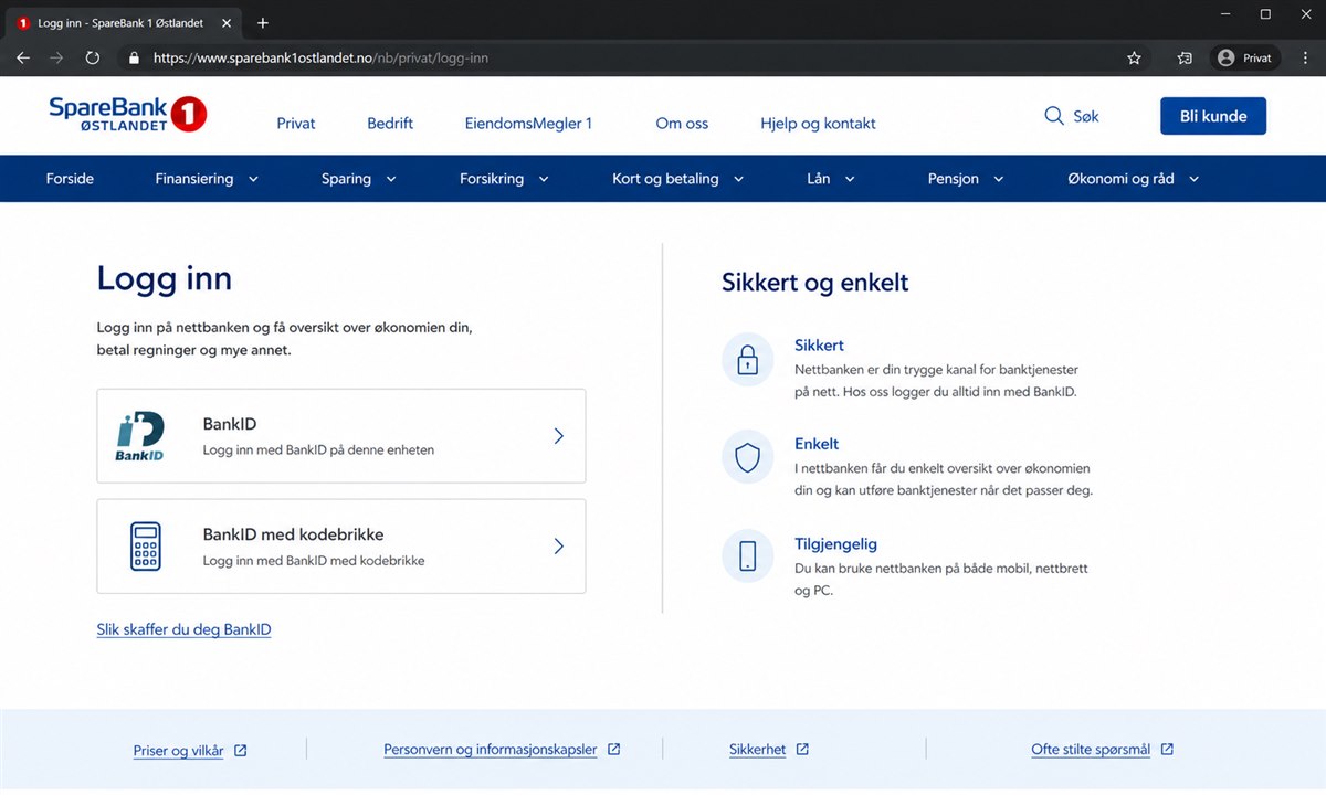 Innloggingsside for SpareBank 1 Østlandet nettbank