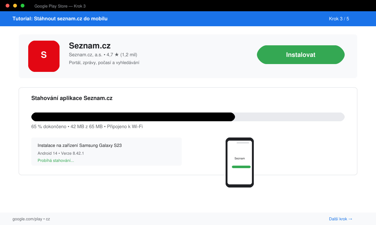 Obrazovka s tlačítkem Instalovat a indikátorem průběhu stahování aplikace Seznam