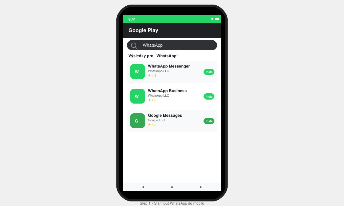 Obrazovka mobilu se seznamem výsledků vyhledávání WhatsApp v obchodě