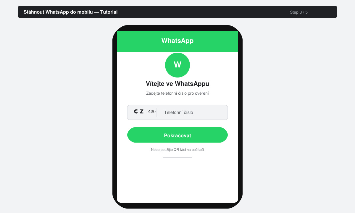 WhatsApp uvítací obrazovka s polem pro zadání telefonního čísla