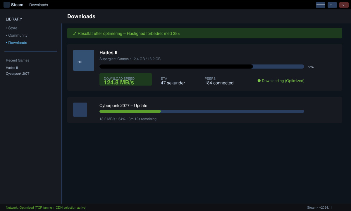 Resultat efter optimering af Steam download speed slow