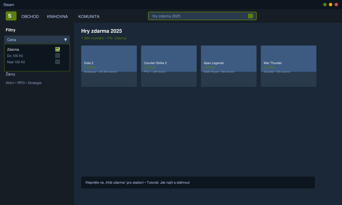 Steam Store s filtrem bezplatných her