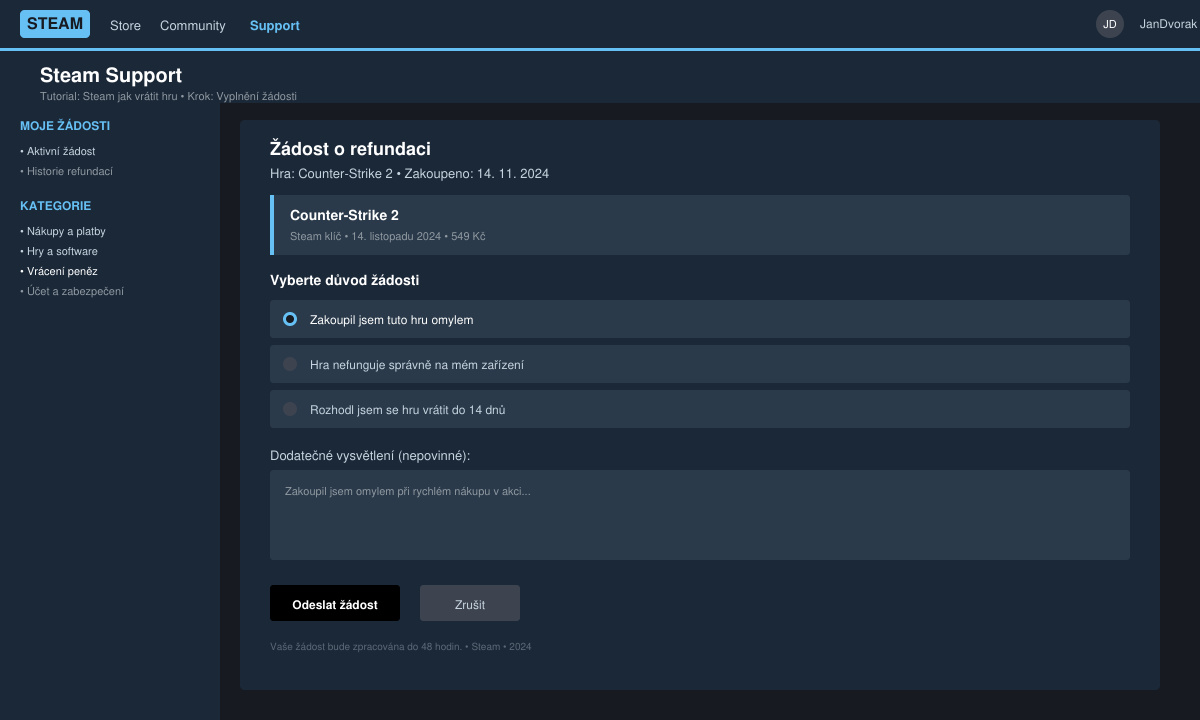 Vyplnění formuláře žádosti o refundaci hry na Steamu
