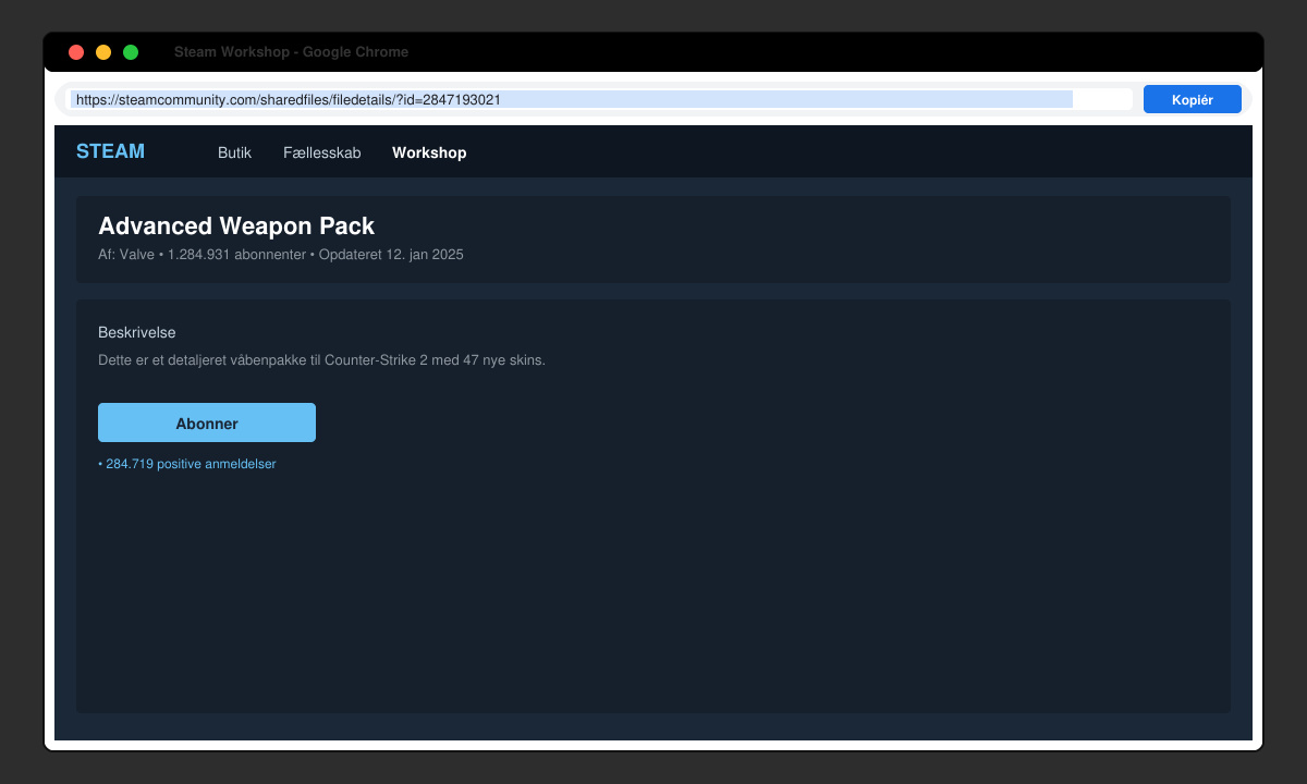 Browser-vindue der viser Steam Workshop med markeret URL og kopiér-knap