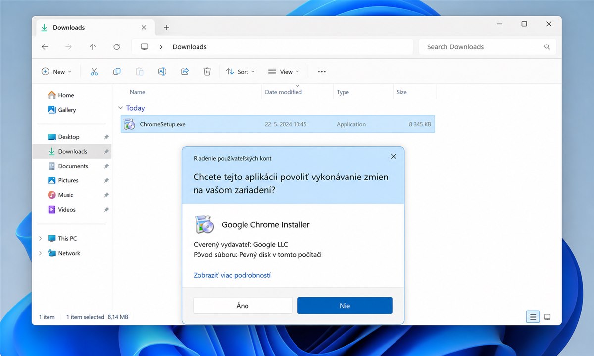 Spustenie inštalačného súboru ChromeSetup.exe na Windows