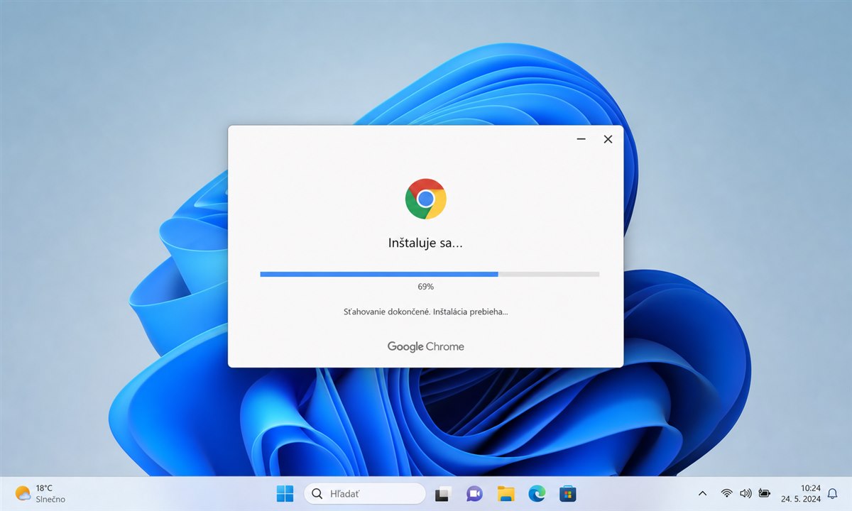 Priebeh inštalácie Google Chrome zobrazený na obrazovke