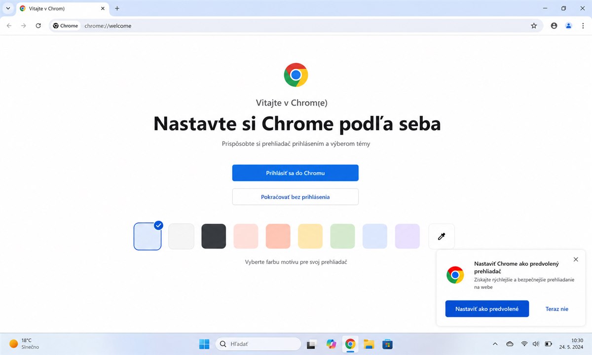 Úvodná obrazovka Google Chrome po inštalácii