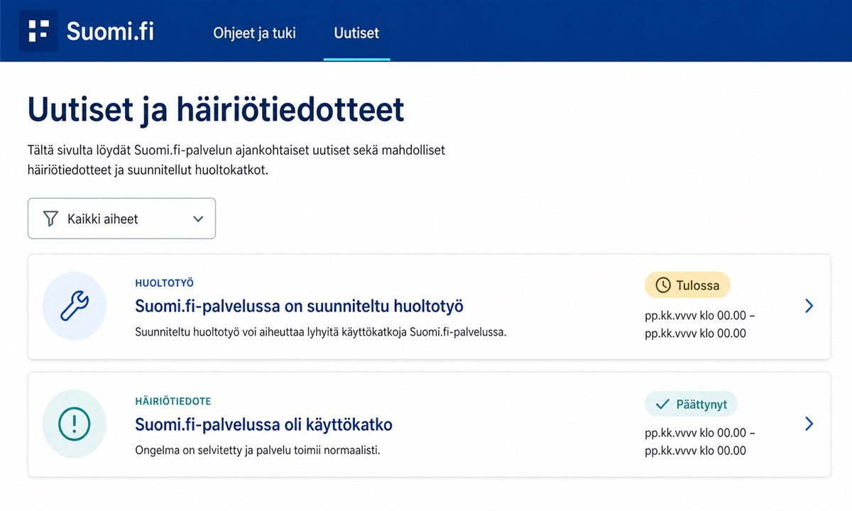 Suomi.fi palvelutiedotteet-sivu häiriöilmoituksineen