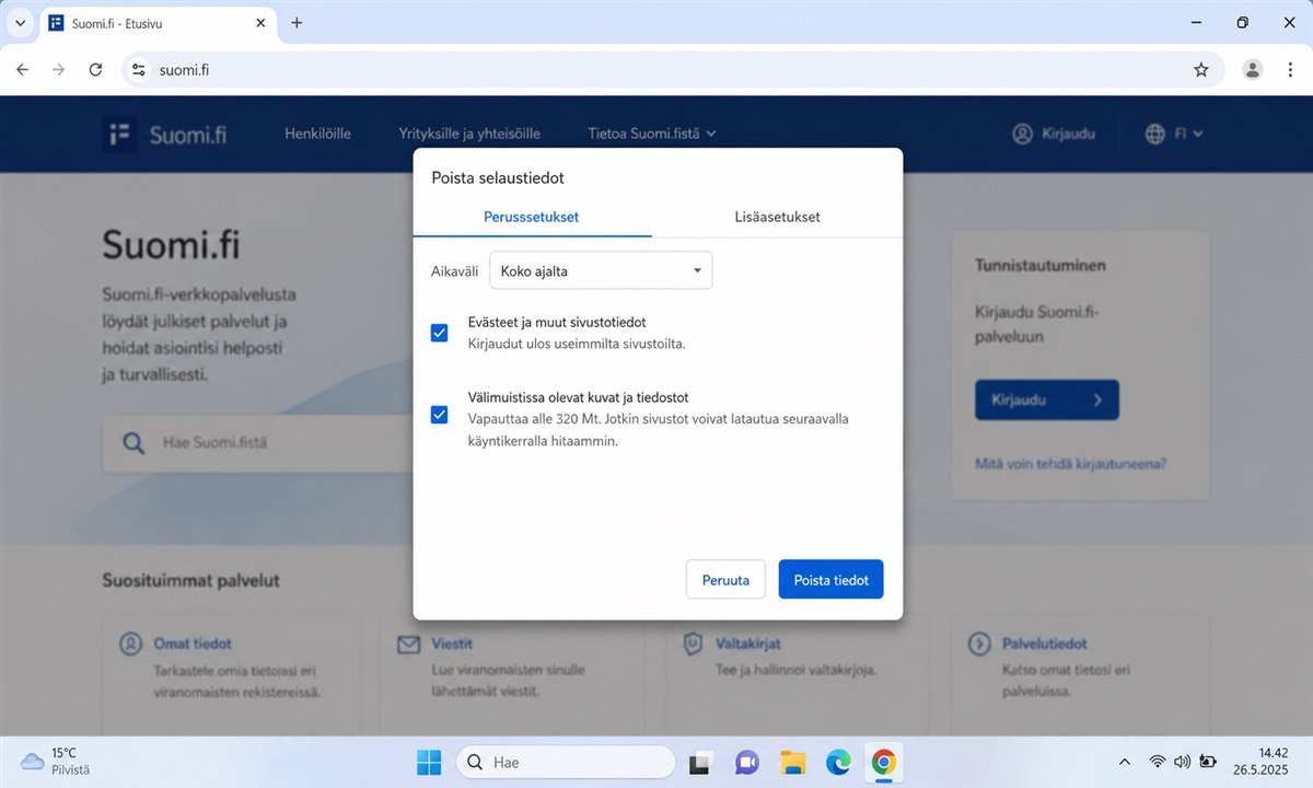 Selaimen välimuistin ja evästeiden tyhjentäminen Chrome-selaimessa