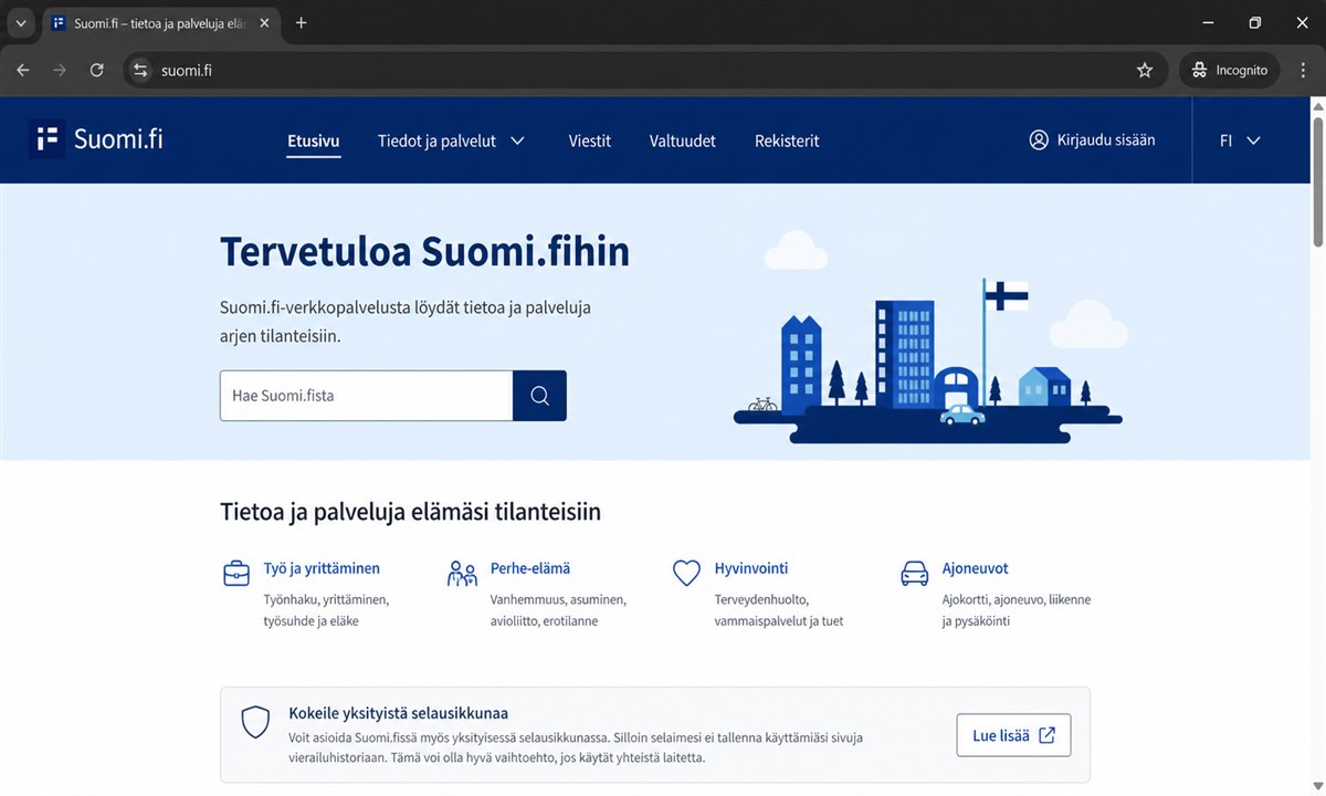 Suomi.fi avaaminen incognito-ikkunassa Chromessa