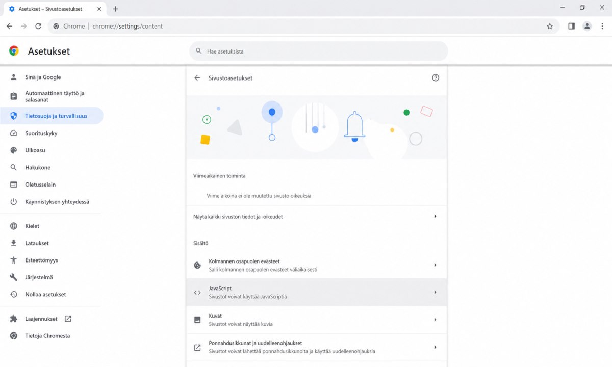 JavaScriptin ja evästeiden tarkistaminen Chrome-selaimen asetuksista