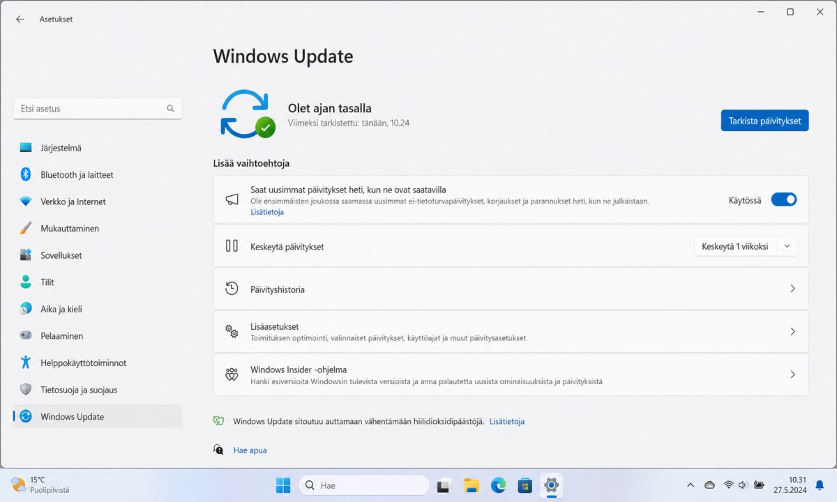 Käyttöjärjestelmän päivittäminen Windows Update -asetuksissa