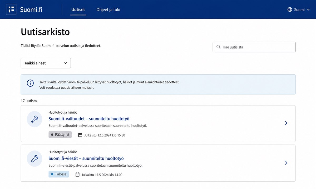 Suomi.fi palvelun häiriöstatussivu status.suomi.fi