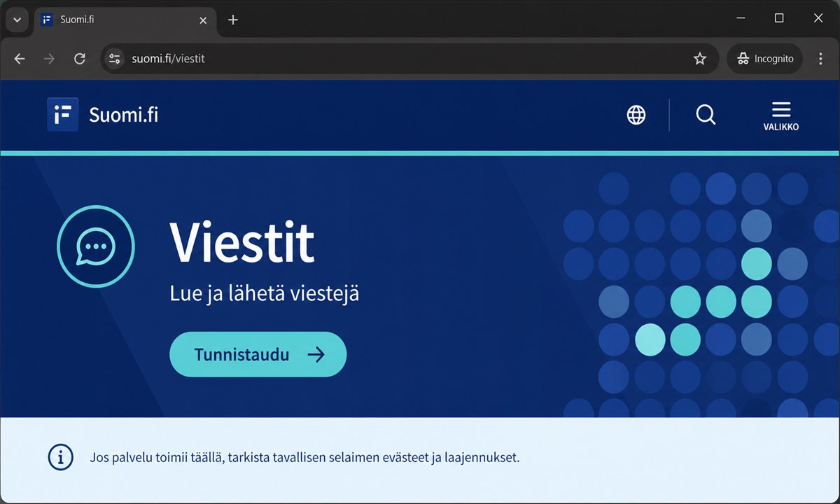 Yksityinen incognito-ikkuna Chrome-selaimessa Suomi.fi testaamiseen
