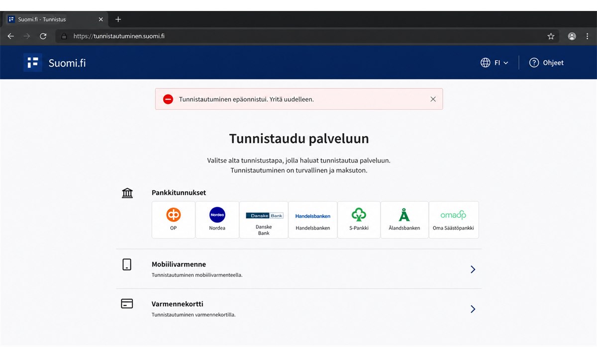 Suomi fi tunnistautuminen ei toimi