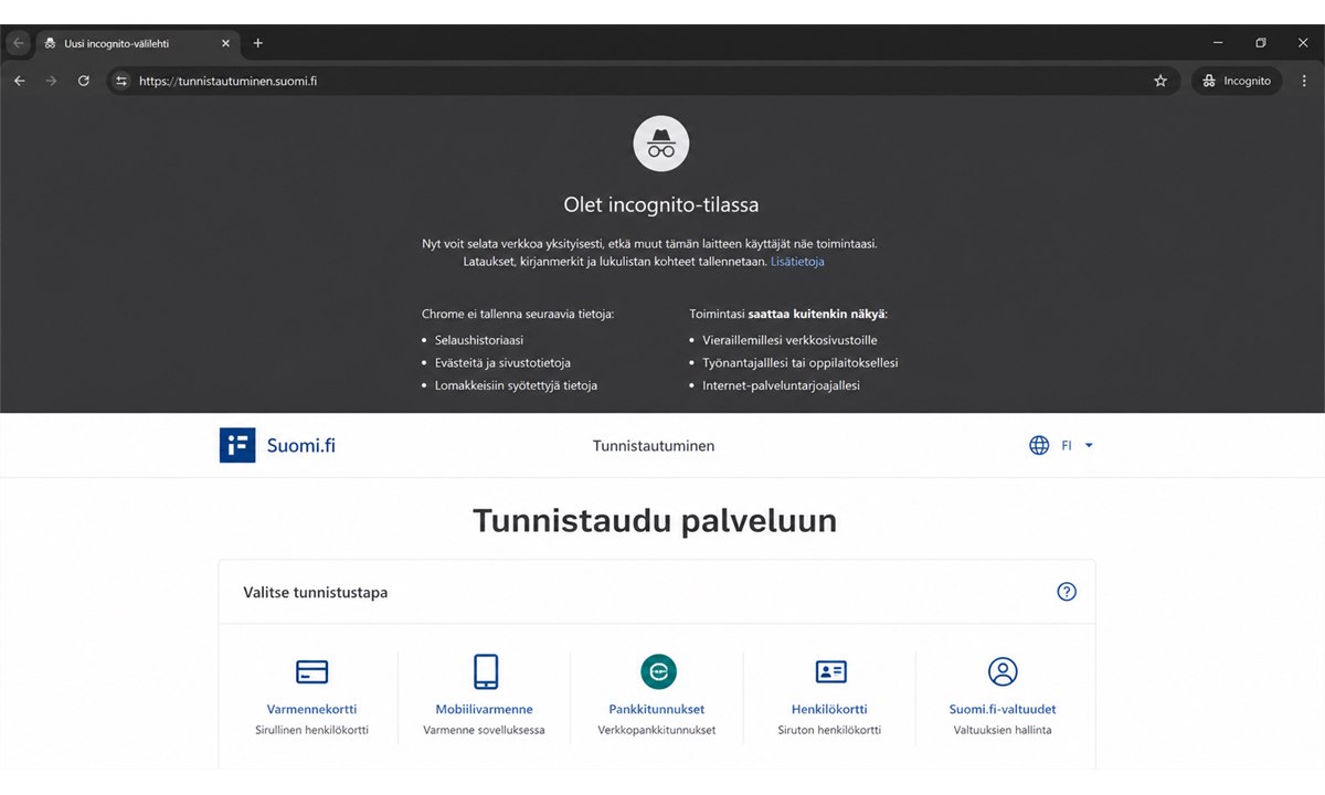 Yksityinen selausikkuna Chromessa suomi.fi tunnistautumiseen