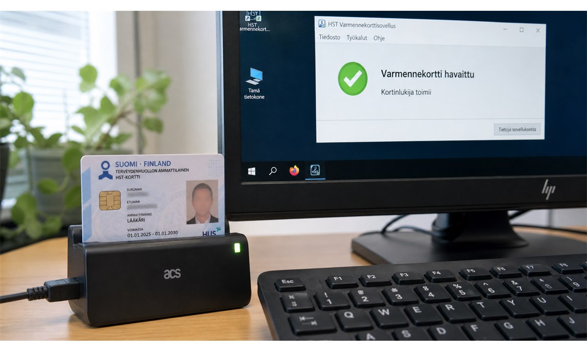 HST-kortti ja kortinlukija tietokoneen USB-portissa