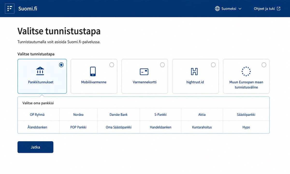 Suomi.fi tunnistautumistavan valinta: pankkitunnukset, mobiilivarmenteen tai HST-kortti