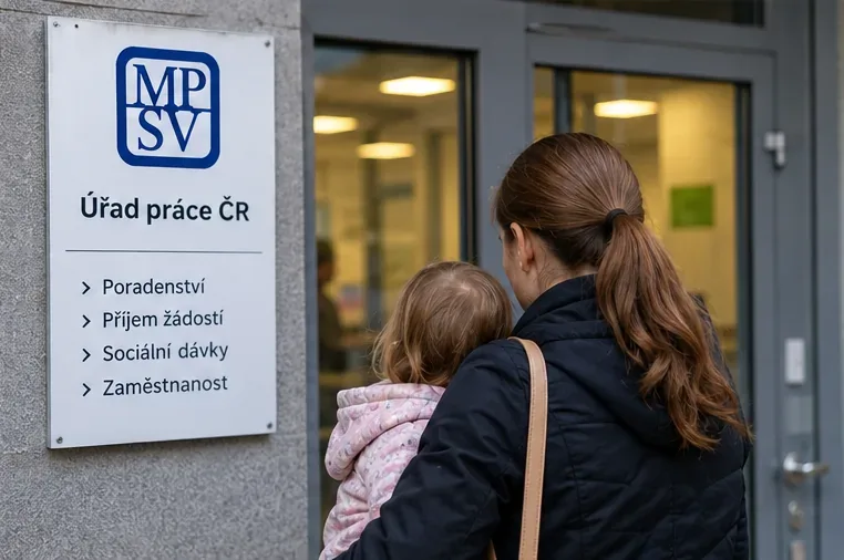 Matka s malým dítětem přichází ke vstupu do kanceláře Úřadu práce ČR, kde lze získat pomoc s podáním žádosti.