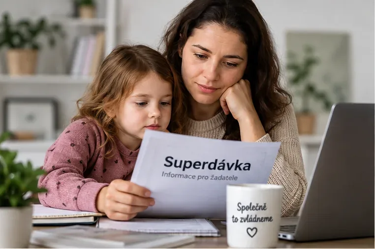 Matka s malou dcerou sedí u stolu a čte informační materiál označený Superdávka, vedle nich leží notebook a další papíry.